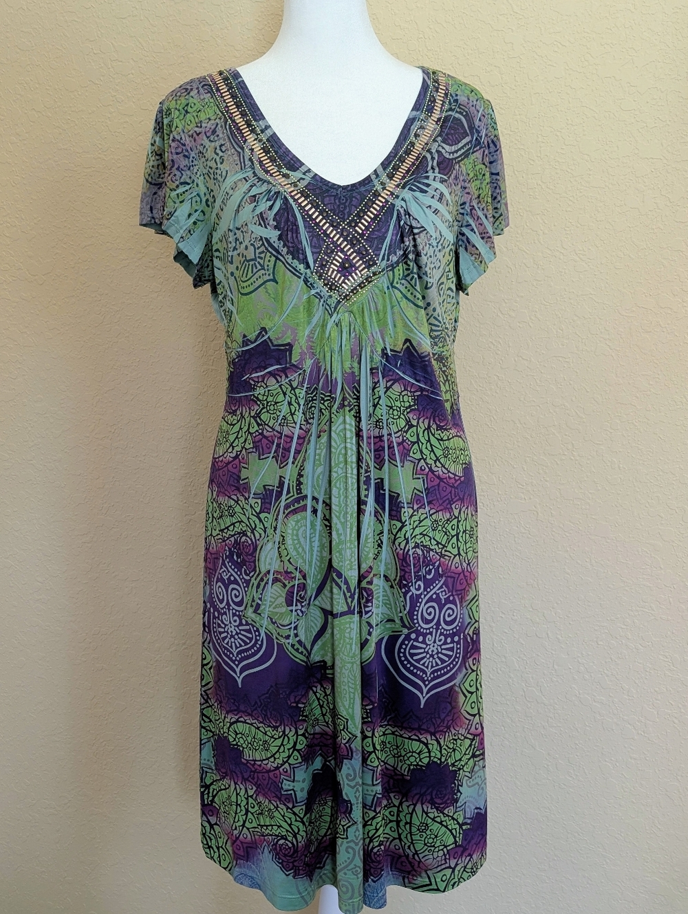 Unity World Wear Green & Purple V-Neck Midi Dress with Embellished Neckline